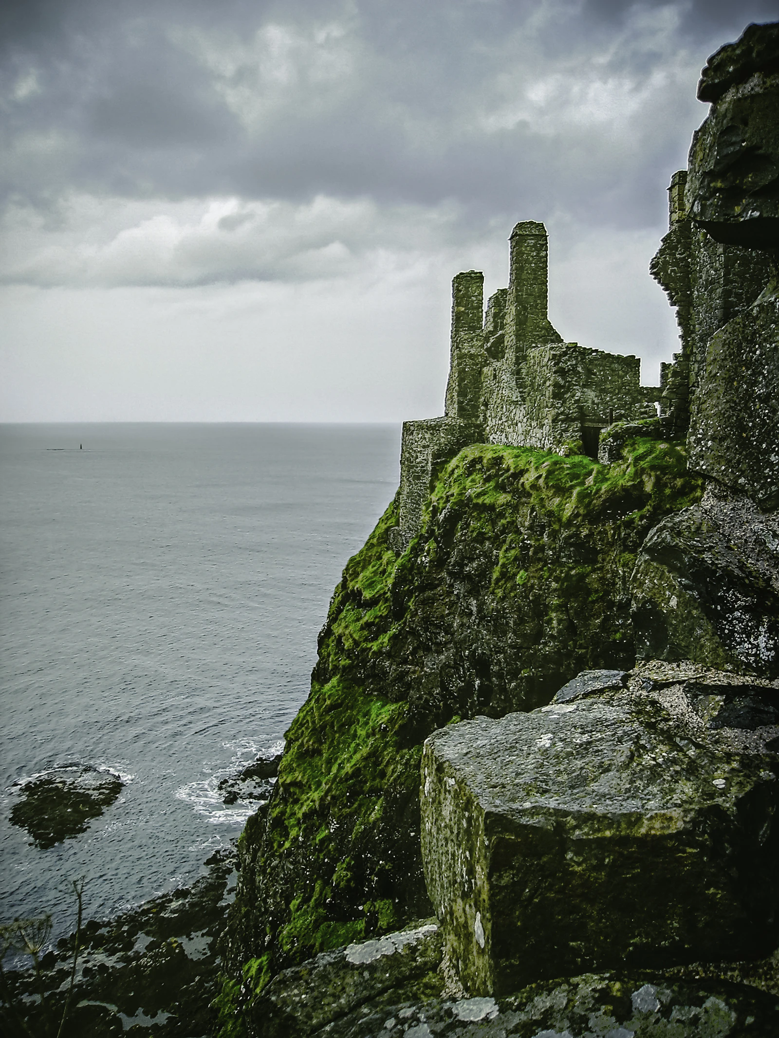 Tower of the Moorish Castle silhouetted against pale misty sky