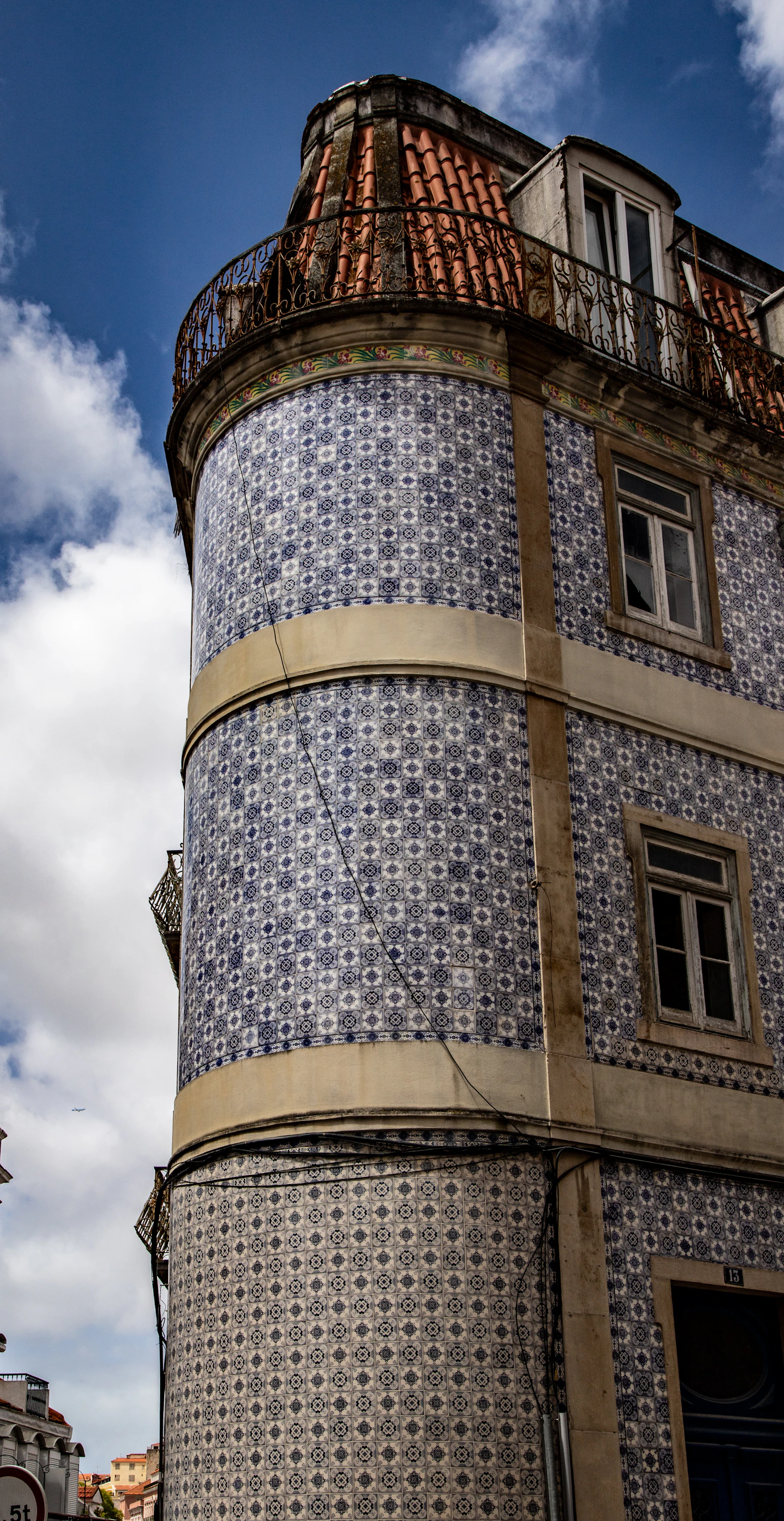 Close-up of traditional blue and white Portuguese tile façade in Alfama